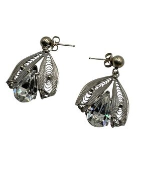 Vintage Silver Filigree Post Earrings with Clear Teardrop Crystals